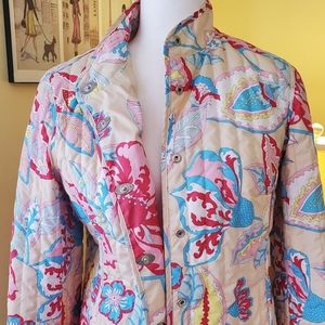 Escada ladies jacket, size 38/7, pink floral, snap front, perfect condition.